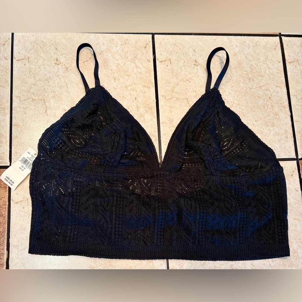 NWT Offline by Aerie Black Lace Longline Bralette Gold Hardware Adjustable Sz M